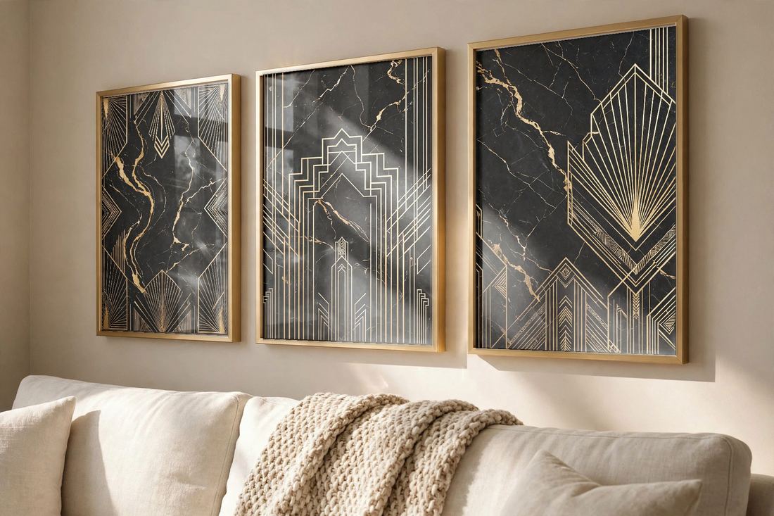 Art Deco Wall Art Set of 3, Black Gold Marble Prints, Luxury Printable Living Room Decor, Digital Download