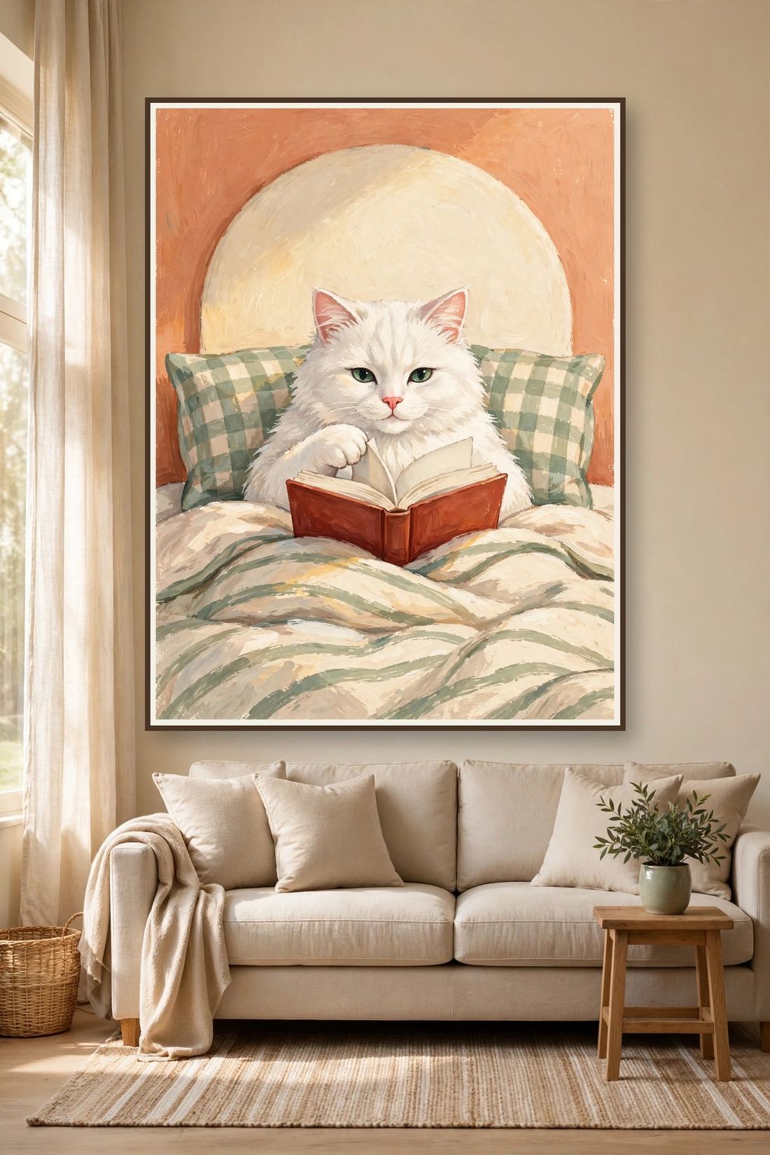 White Cat Wall Art Print, Reading in Bed, Book Lover Digital Download
